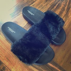 Black faux fur slip on shoes